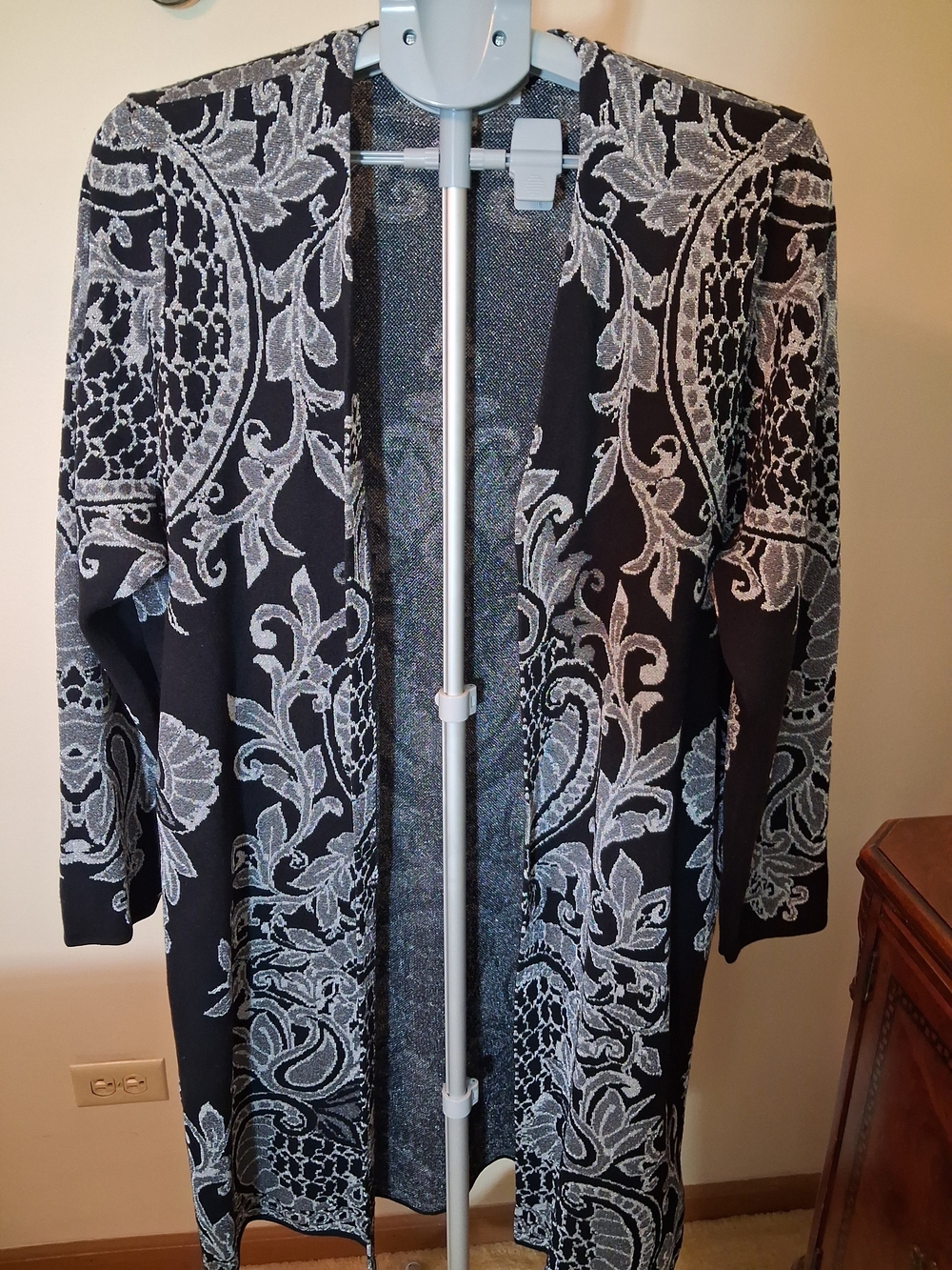 Chico's Black and Silver Open-Front Knit Duster